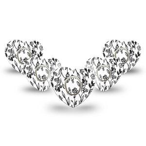 ExpressionMed Custom Black and White Floral Dexcom G7 Heart Shape Tape, Dexcom Stelo Glucose Biosensor System, 5-Pack Tape and 5-Pack Sticker Unique Blossoms Plaster CGM Design