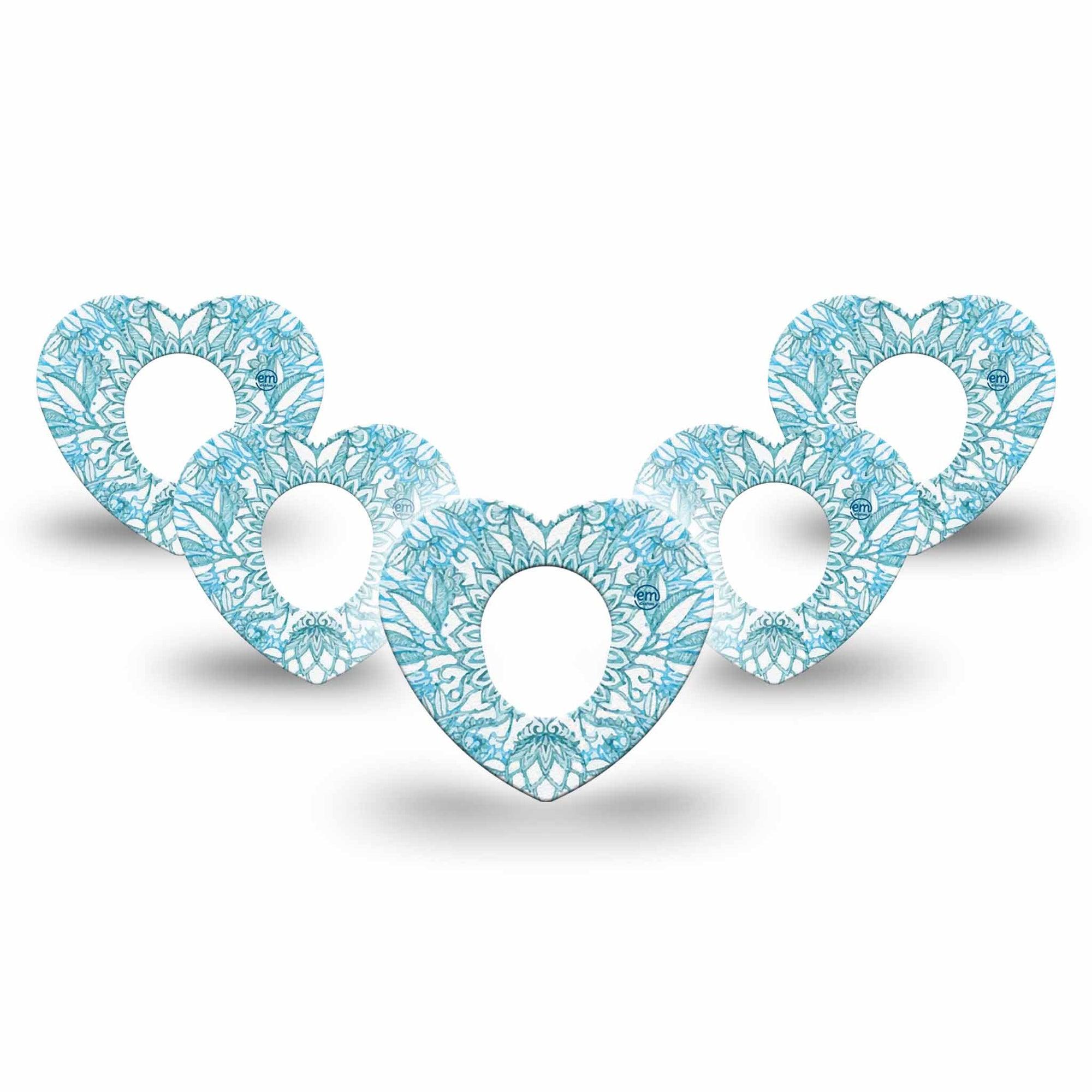 ExpressionMed Aqua Floral Dexcom G7 Heart Shape Tape, Dexcom Stelo Glucose Biosensor System, 5-Pack Tape and 5-Pack Sticker Blue Blossoms Adhesive Tape CGM Design