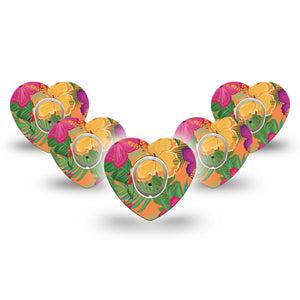 ExpressionMed Bright Hibiscus Dexcom G7 Heart Shape Tape, Dexcom Stelo Glucose Biosensor System, 5-Pack Tape and 5-Pack Sticker Exotic Blossom Plaster CGM Design