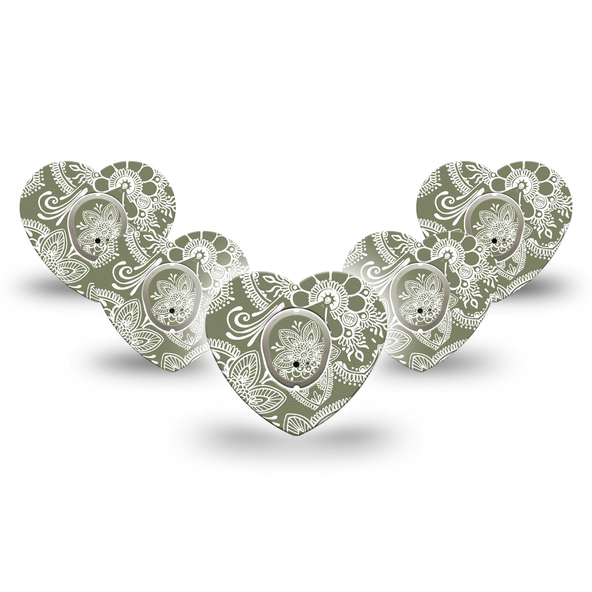 ExpressionMed Olive Henna Dexcom G7 Heart Shape Tape, Dexcom Stelo Glucose Biosensor System, 5-Pack Tape and 5-Pack Sticker Olive Henna, Adhesive Tape CGM Design