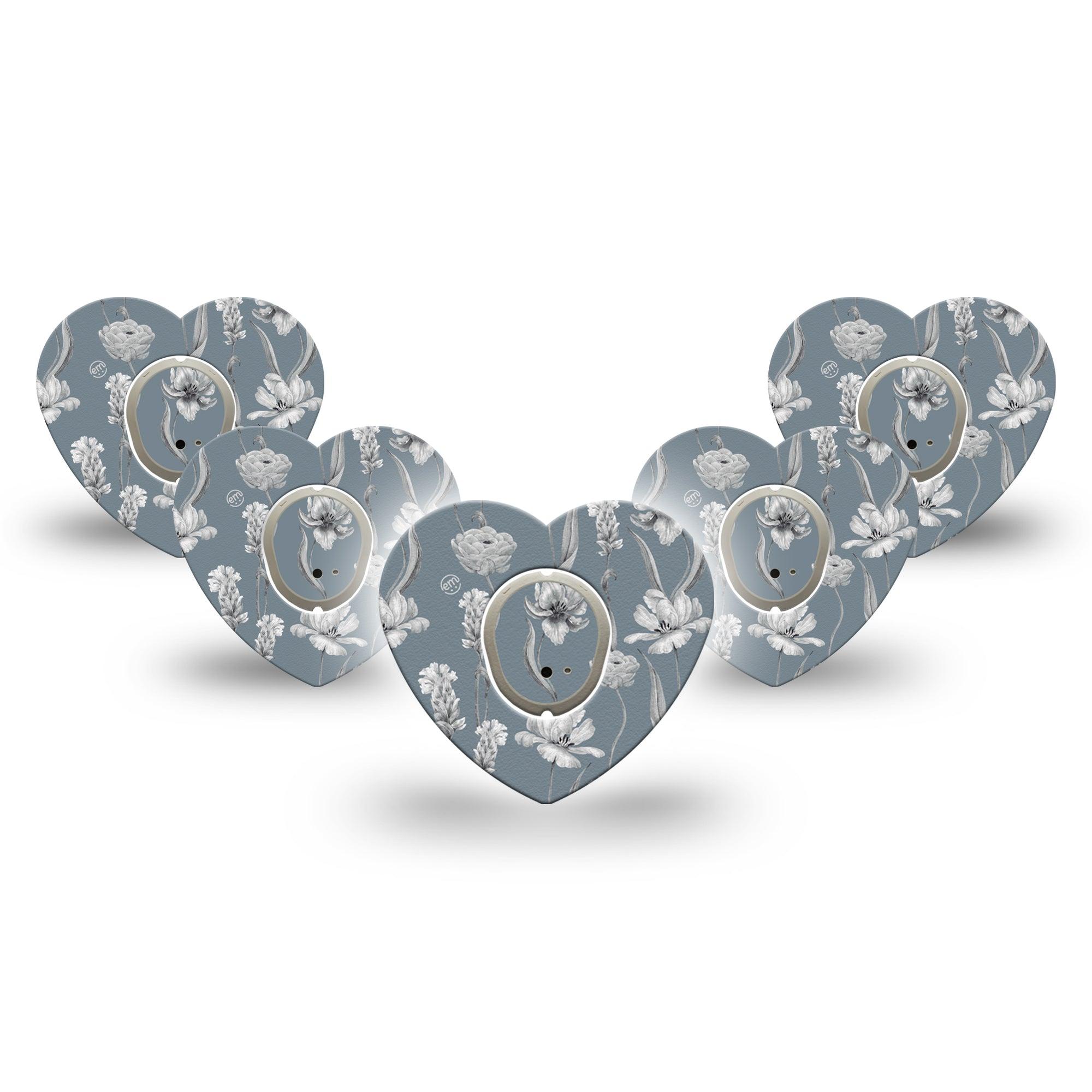 ExpressionMed Muted Petals Dexcom G7 Heart Shape Tape, Dexcom Stelo Glucose Biosensor System, 5-Pack Tape and 5-Pack Sticker Gentle Flowers, Adhesive Tape CGM Design