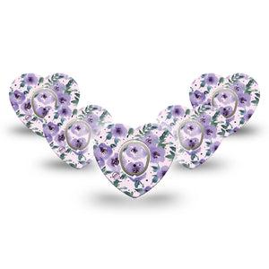 ExpressionMed Flowering Amethyst Dexcom G7 Heart Shape 5-Pack Violet Blossoms Fixing Ring Tape CGM Design, Dexcom Stelo Glucose Biosensor System with center stickers