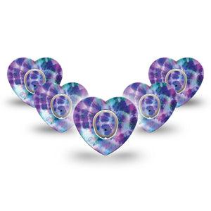 ExpressionMed Purple Tie Dye Dexcom G7 Heart Shape Tape, Dexcom Stelo Glucose Biosensor System, 5-Pack Tape + 5-Pack Sticker Folded Patterns Themed, Overlay Patch CGM Design