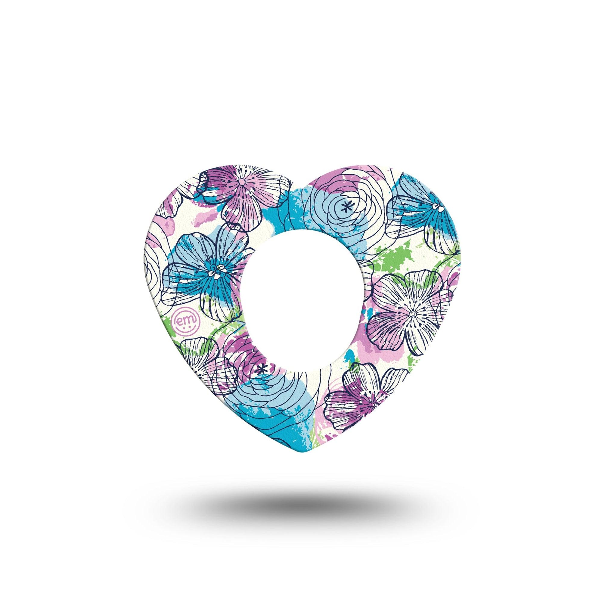 ExpressionMed Stenciled Flower Heart Dexcom G7 Tape, Single, Bordered Florals Themed, CGM Heart Shaped Plaster Patch Design, Dexcom Stelo Glucose Biosensor System