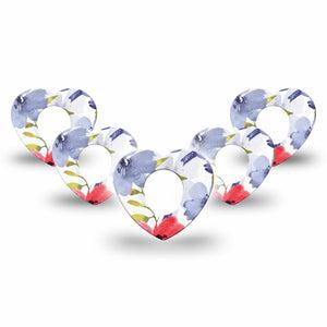 ExpressionMed Red White & Blue Flowers Dexcom G7 Heart Shape Tape, Dexcom Stelo Glucose Biosensor System, 5-Pack Floral Centerpieces Overlay Patch CGM Design