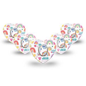 ExpressionMed Rainbows Of Hope Heart Dexcom G7 Tape, 5-Pack, Multicolored Drawings Themed, Heart Shaped Adhesive Patch Design, Dexcom Stelo Glucose Biosensor System with center stickers