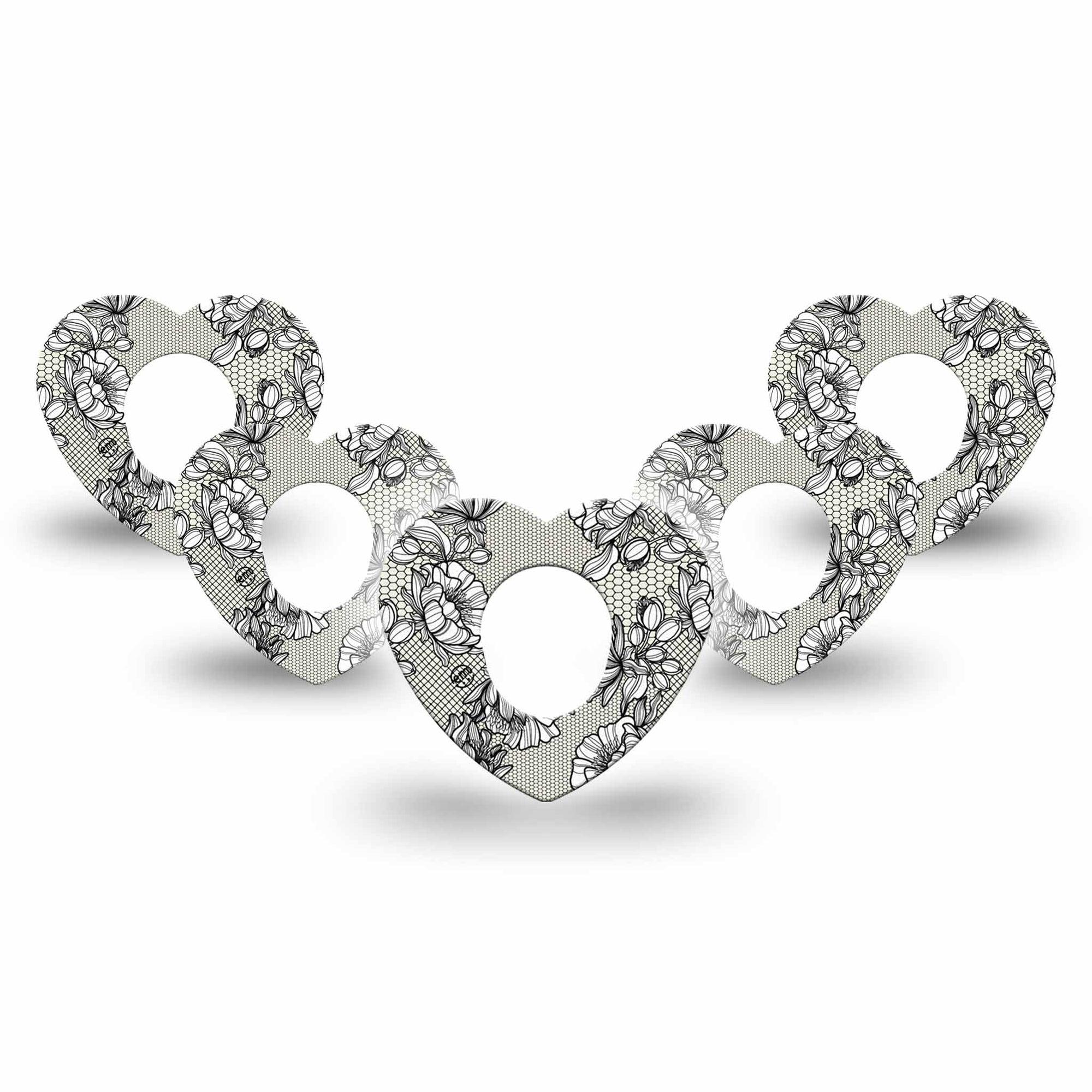 ExpressionMed Black Lace Dexcom G7 Heart Shape Tape, Dexcom Stelo Glucose Biosensor System, 5-Pack Tape Black Details, Overlay Patch CGM Design