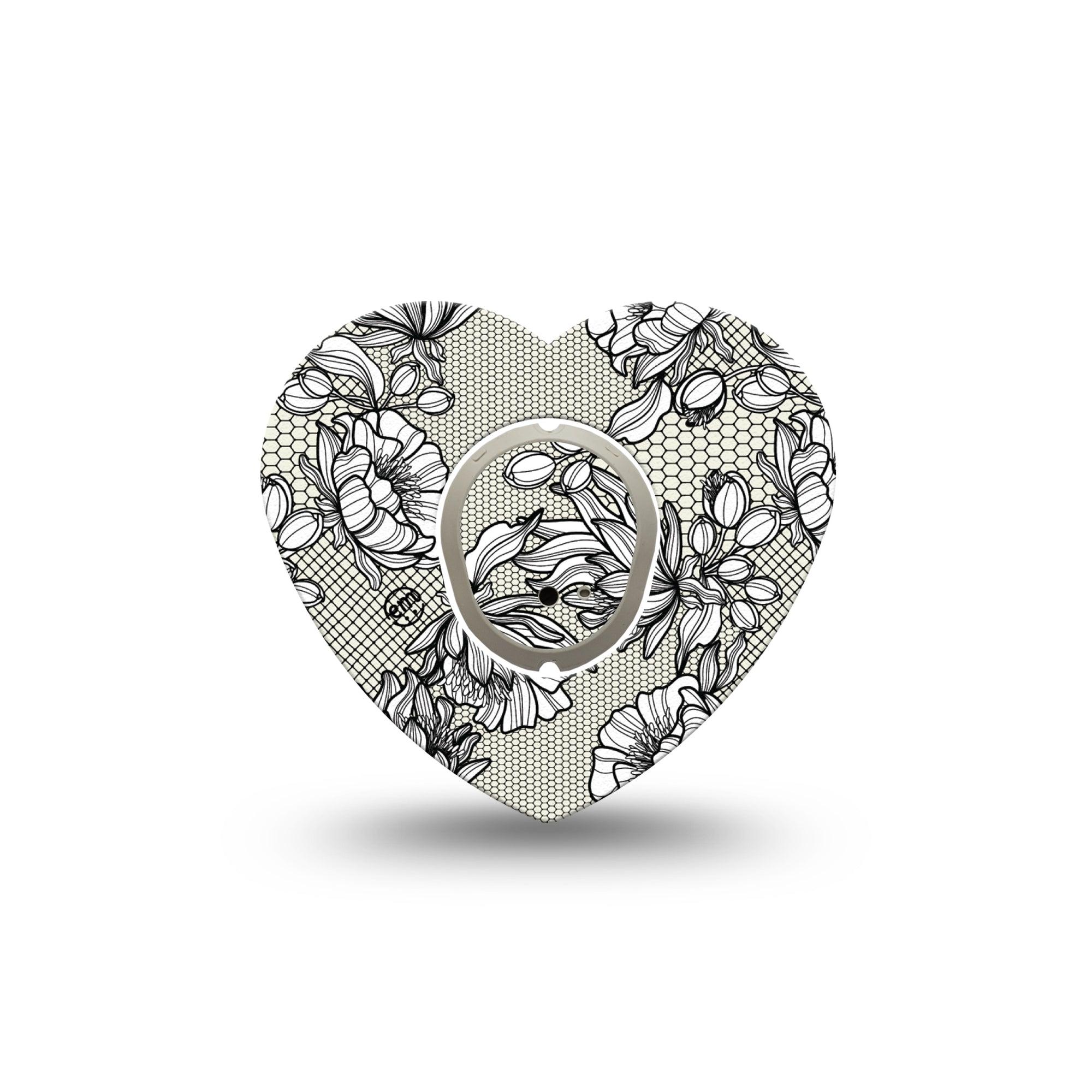 ExpressionMed Black Lace Dexcom G7 Heart Shape Tape, Dexcom Stelo Glucose Biosensor System, Single Tape and Single Sticker Classic Lace, Overlay Patch CGM Design