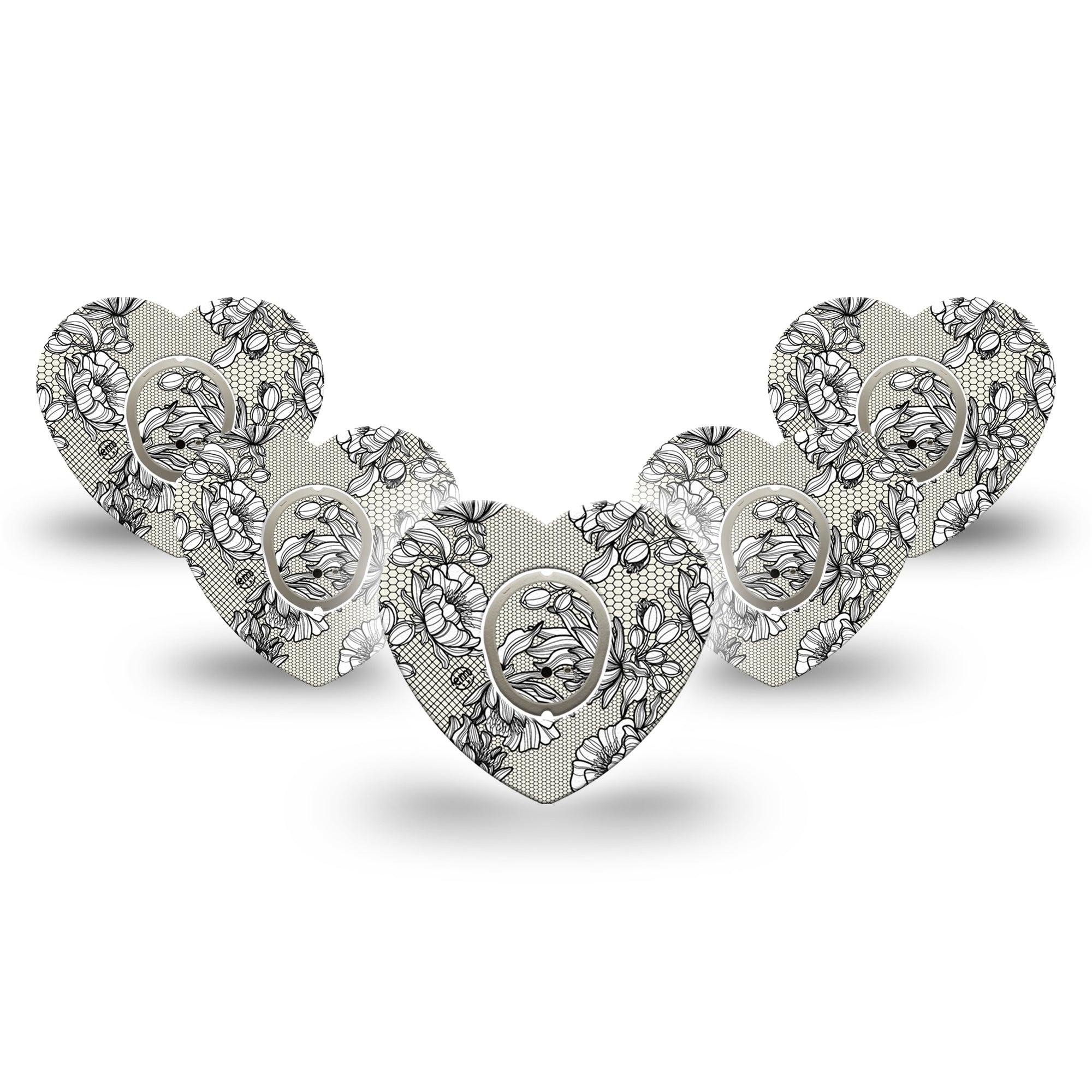 ExpressionMed Black Lace Dexcom G7 Heart Shape Tape, Dexcom Stelo Glucose Biosensor System, 5-Pack Tape and 5-Pack Sticker Timeless Elegance, Overlay Patch CGM Design