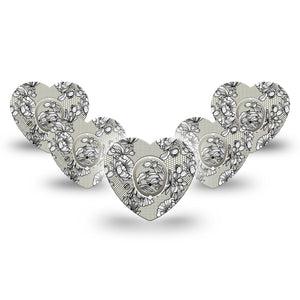 ExpressionMed Black Lace Dexcom G7 Heart Shape Tape, Dexcom Stelo Glucose Biosensor System, 5-Pack Tape and 5-Pack Sticker Timeless Elegance, Overlay Patch CGM Design