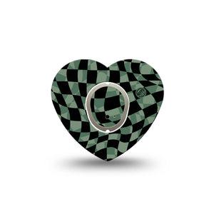 ExpressionMed Green & Black Checkerboard Dexcom G7 Heart Shape Tape, Dexcom Stelo Glucose Biosensor System,  Single Tape and Sticker Checkered Style Overlay Patch CGM Design