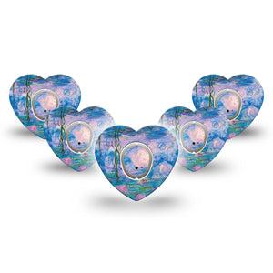 ExpressionMed Monet Water Lilies Dexcom G7 Heart Shape Tape, Dexcom Stelo Glucose Biosensor System, 5-Pack Tape and 5-Pack Sticker Serene Water, Adhesive Tape CGM Design