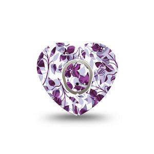 ExpressionMed Textured Petals Dexcom G7 Heart Shape Tape, Dexcom Stelo Glucose Biosensor System, Single Tape and Single Sticker Violet Blossoms Overlay Patch CGM Design
