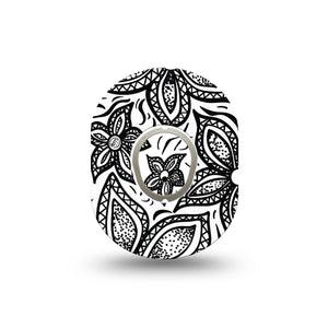 ExpressionMed Black Tie Floral Dexcom G7 Mini Tape, Dexcom Stelo Glucose Biosensor System, Single Tape and Single Sticker Black Lined Florals, Patch Continuous Glucose Monitor Design