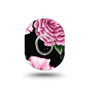 ExpressionMed Intricate Flower Dexcom G7 Mini Tape, Dexcom Stelo Glucose Biosensor System, Single Tape and Single Sticker Pink and Black Flower, Patch Continuous Glucose Monitor Design