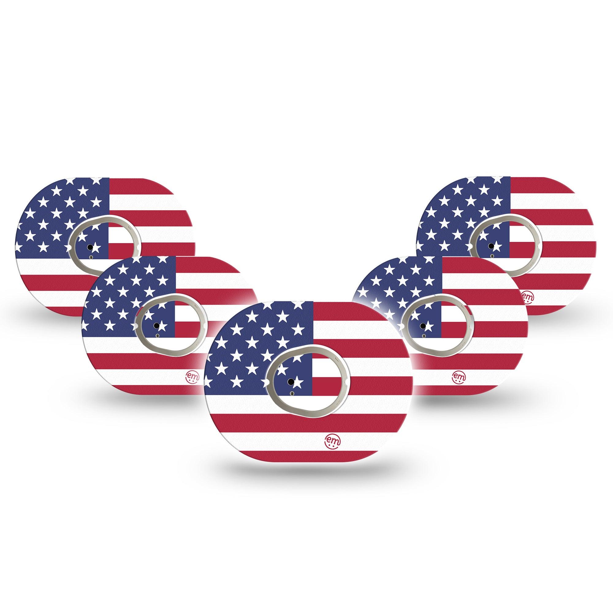 ExpressionMed U.S. Flag Dexcom G7 Mini Tape, Dexcom Stelo Glucose Biosensor System, 5-Pack Tape and 5-Pack Sticker, Nationalistic Artwork, Patch Continuous Glucose Monitor Design