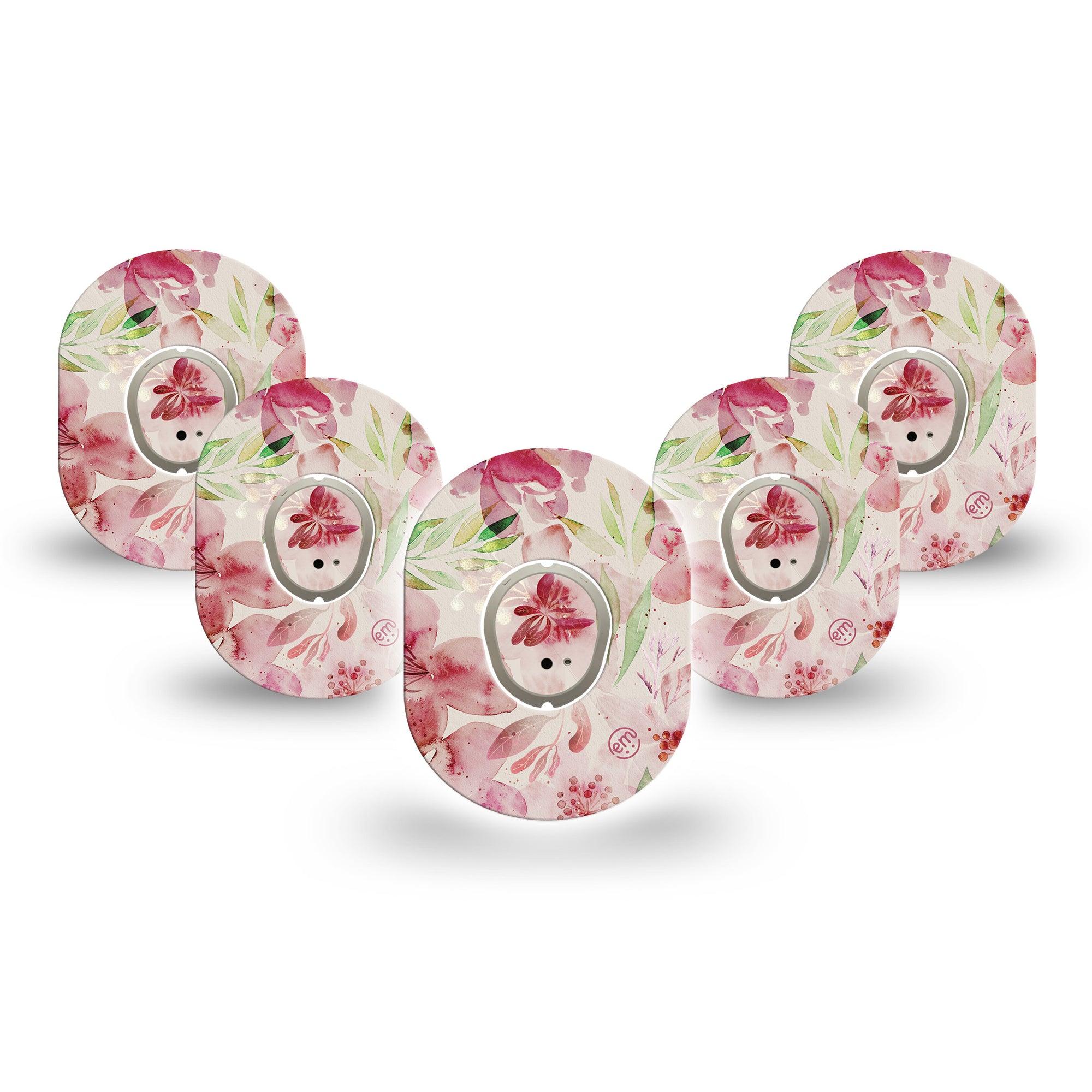 ExpressionMed Ethereal Spring Dexcom G7 Mini Tape, Dexcom Stelo Glucose Biosensor System, 5-Pack Tape and 5-Pack Sticker, Pink Floral Plaster Design, Patch Continuous Glucose Monitor Design