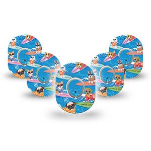 expressionmed, Surfing Dogs Dexcom G7 Mini Tape, 5-Pack Tape and 5-Pack Sticker, surfboard hang ten overlay design CGM, Dexcom Stelo Glucose Biosensor System