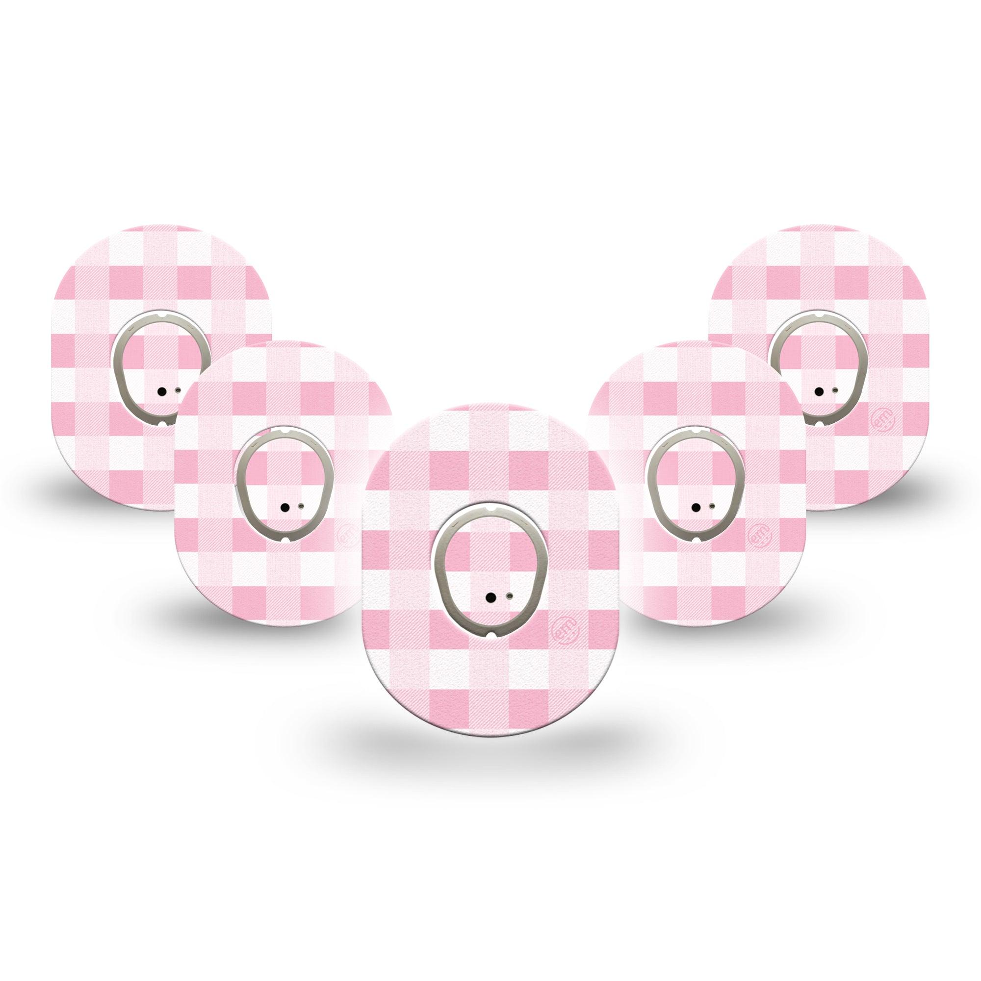 ExpressionMed Pink Gingham Dexcom G7 Mini Tape, Dexcom Stelo Glucose Biosensor System, 5-Pack Tape and 5-Pack Sticker, Pink Picnic Blanket Plaster Design, Patch Continuous Glucose Monitor Design