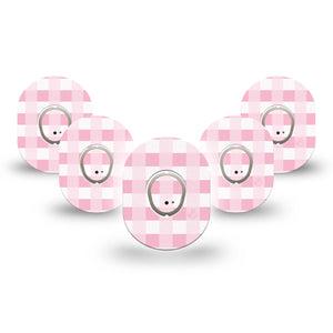 ExpressionMed Pink Gingham Dexcom G7 Mini Tape, Dexcom Stelo Glucose Biosensor System, 5-Pack Tape and 5-Pack Sticker, Pink Picnic Blanket Plaster Design, Patch Continuous Glucose Monitor Design