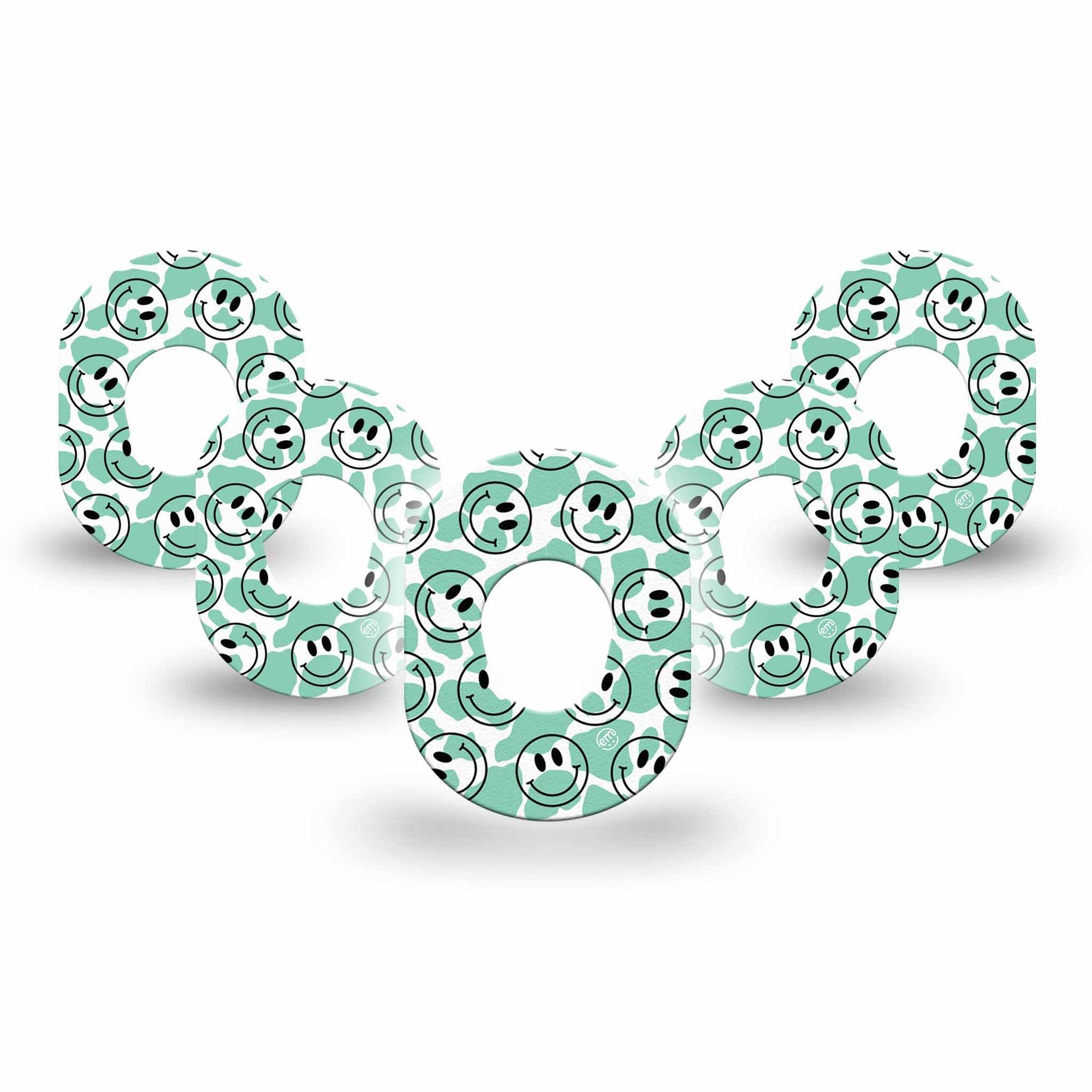 ExpressionMed Happy Cow Print Dexcom G7 Mini Tape, Dexcom Stelo Glucose Biosensor System, 5-Pack Tape, Smiley Faces Over Green Cow Print Tape Design Plaster Patch, Dexcom Stelo Glucose Biosensor System