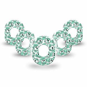 ExpressionMed Happy Cow Print Dexcom G7 Mini Tape, Dexcom Stelo Glucose Biosensor System, 5-Pack Tape, Smiley Faces Over Green Cow Print Tape Design Plaster Patch, Dexcom Stelo Glucose Biosensor System