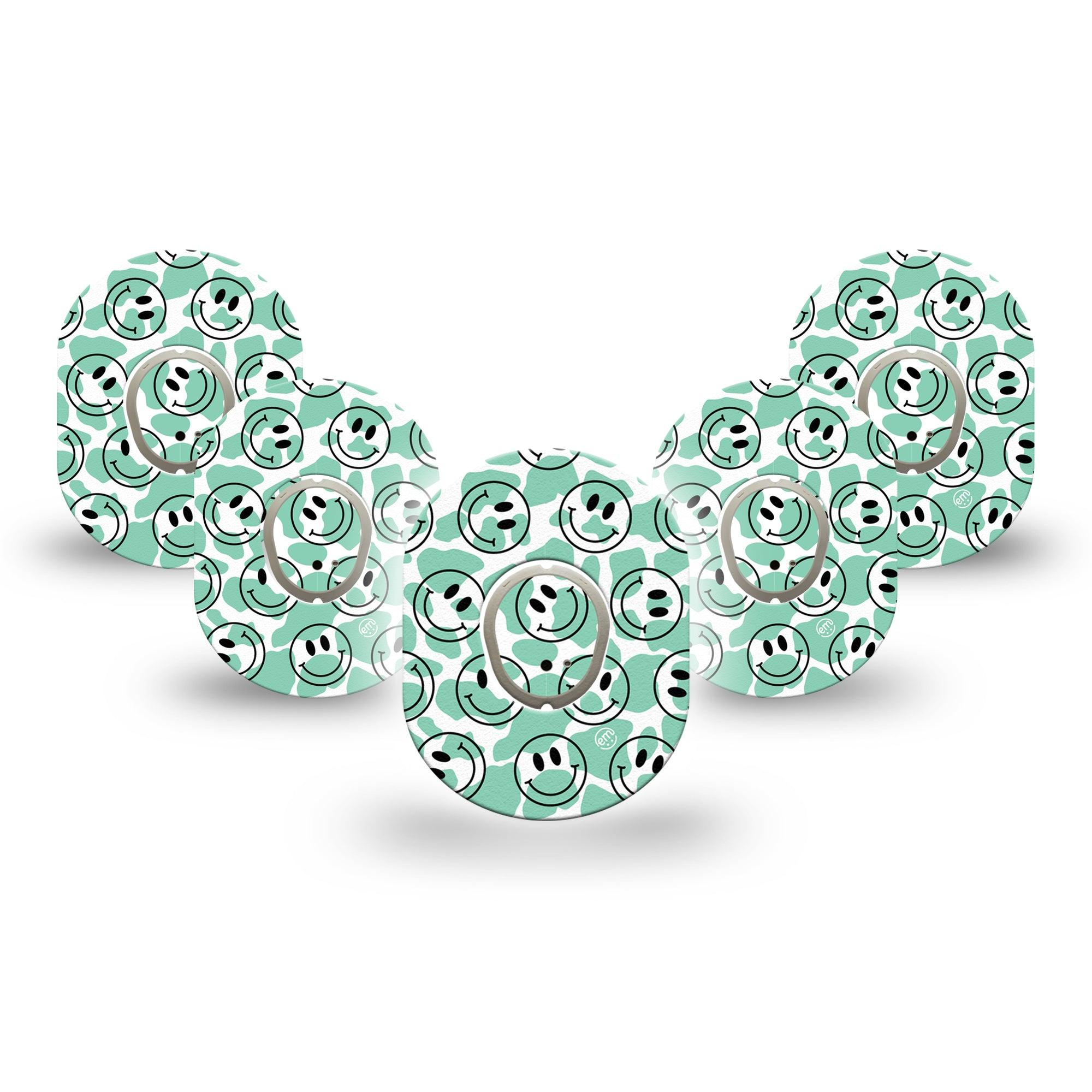 ExpressionMed Happy Cow Print Dexcom G7 Mini Tape, Dexcom Stelo Glucose Biosensor System, 5-Pack Tape and 5-Pack Sticker, Smiley Faces Over Green Cow Print Tape Design, Patch Continuous Glucose Monitor Design