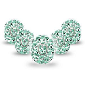 ExpressionMed Happy Cow Print Dexcom G7 Mini Tape, Dexcom Stelo Glucose Biosensor System, 5-Pack Tape and 5-Pack Sticker, Smiley Faces Over Green Cow Print Tape Design, Patch Continuous Glucose Monitor Design