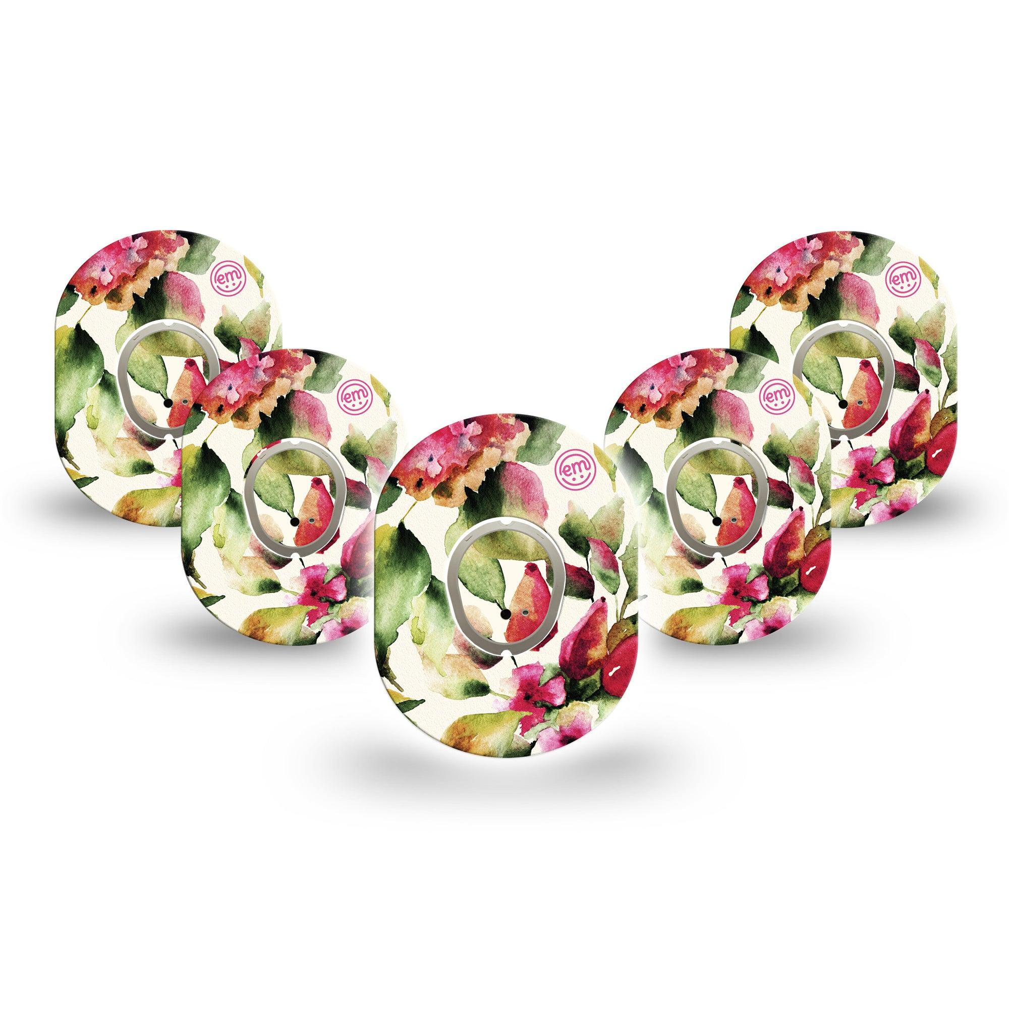 ExpressionMed Floral Romance Dexcom G7 Mini Tape, Dexcom Stelo Glucose Biosensor System, 5-Pack Tape and 5-Pack Sticker, Red Hydrangeas Plaster Design, Patch Continuous Glucose Monitor Design