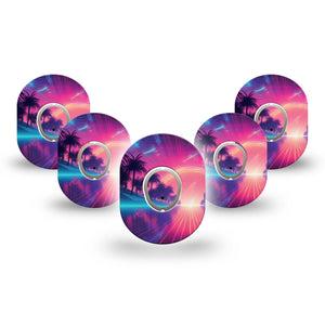 ExpressionMed Neon Synthwave Dexcom G7 Mini Tape, Dexcom Stelo Glucose Biosensor System, 5-Pack Tape and 5-Pack Sticker, Psychedelic Retrowave, Patch Continuous Glucose Monitor Design