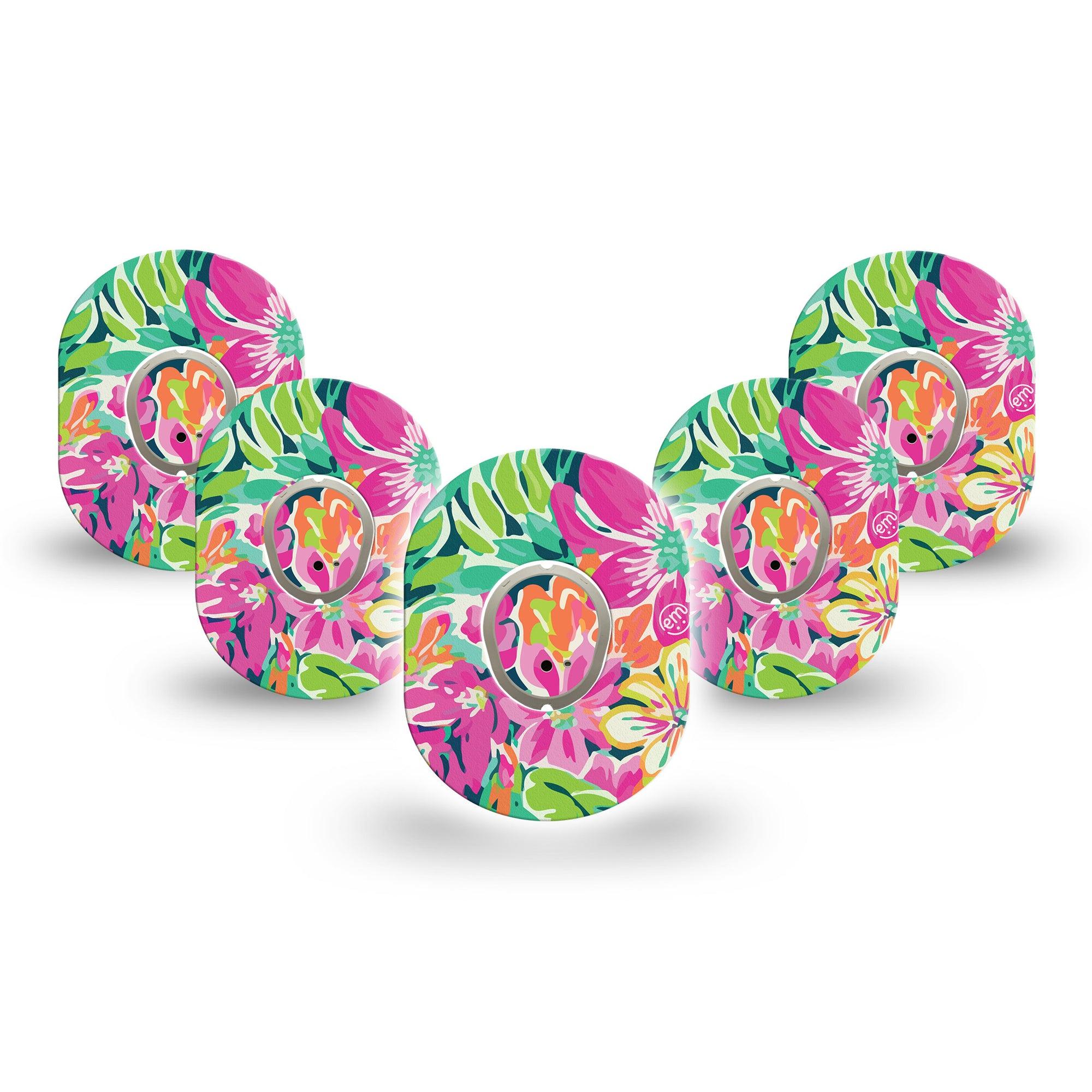 ExpressionMed Tropic Burst Dexcom G7 Mini Tape, Dexcom Stelo Glucose Biosensor System, 5-Pack Tape and 5-Pack Sticker, Tropical Floral Artwork, Patch Continuous Glucose Monitor Design