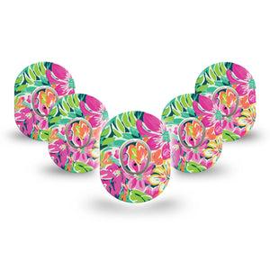 ExpressionMed Tropic Burst Dexcom G7 Mini Tape, Dexcom Stelo Glucose Biosensor System, 5-Pack Tape and 5-Pack Sticker, Tropical Floral Artwork, Patch Continuous Glucose Monitor Design