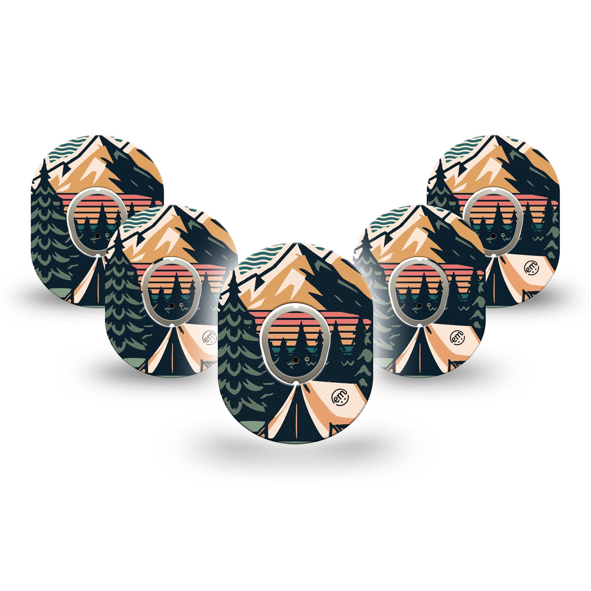 ExpressionMed Retro Camping Dexcom G7 Mini Tape, Dexcom Stelo Glucose Biosensor System, 5-Pack Tape and 5-Pack Sticker Woods Camping Patch Continuous Glucose Monitor Design