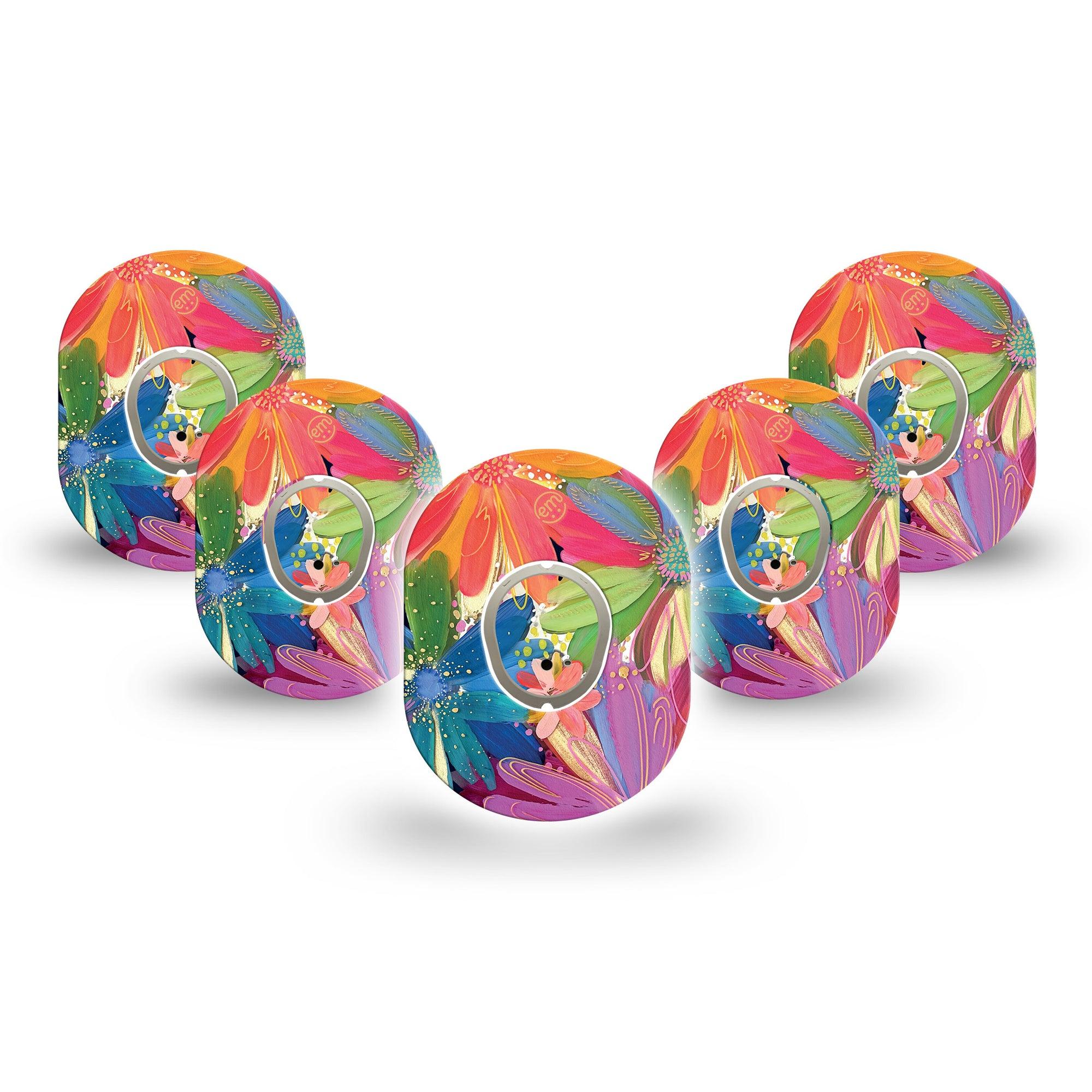 ExpressionMed Flower Song Dexcom G7 Mini Tape, Dexcom Stelo Glucose Biosensor System, 5-Pack Tape and 5-Pack Sticker, Colorful Abstract by Etta Vee, Patch Continuous Glucose Monitor Design