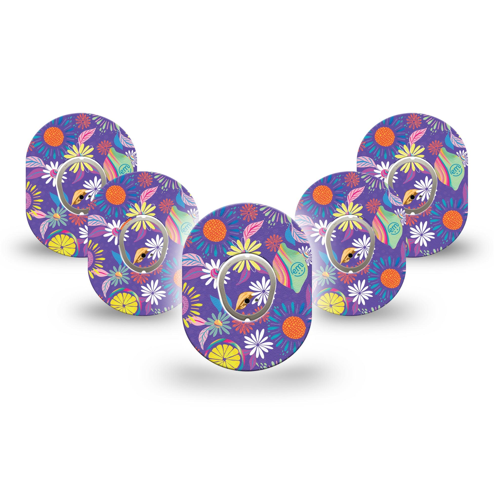 ExpressionMed Purple Flowers Dexcom G7 Mini Tape, Dexcom Stelo Glucose Biosensor System, 5-Pack Tape and 5-Pack Sticker, Unique Etta Vee Creations, Patch Continuous Glucose Monitor Design