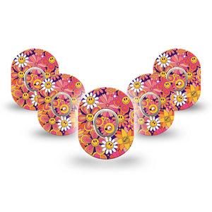 ExpressionMed Groovy Dexcom G7 Mini Tape, Dexcom Stelo Glucose Biosensor System,  5-Pack Tape and 5-Pack Sticker Retro Orange Pink Sunflowers Patch Continuous Glucose Monitor Design