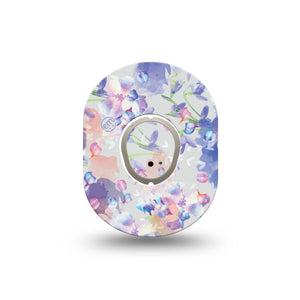 ExpressionMed Dreamy Blooms Dexcom G7 Mini Tape, Dexcom Stelo Glucose Biosensor System, Single Tape and Single Sticker Baby Blue Purple Flowers Patch Continuous Glucose Monitor Design
