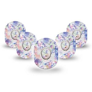 ExpressionMed Dreamy Blooms Dexcom G7 Mini Tape, Dexcom Stelo Glucose Biosensor System, 5-Pack Tape and 5-Pack Sticker Delicate Violet Garden Patch Continuous Glucose Monitor Design