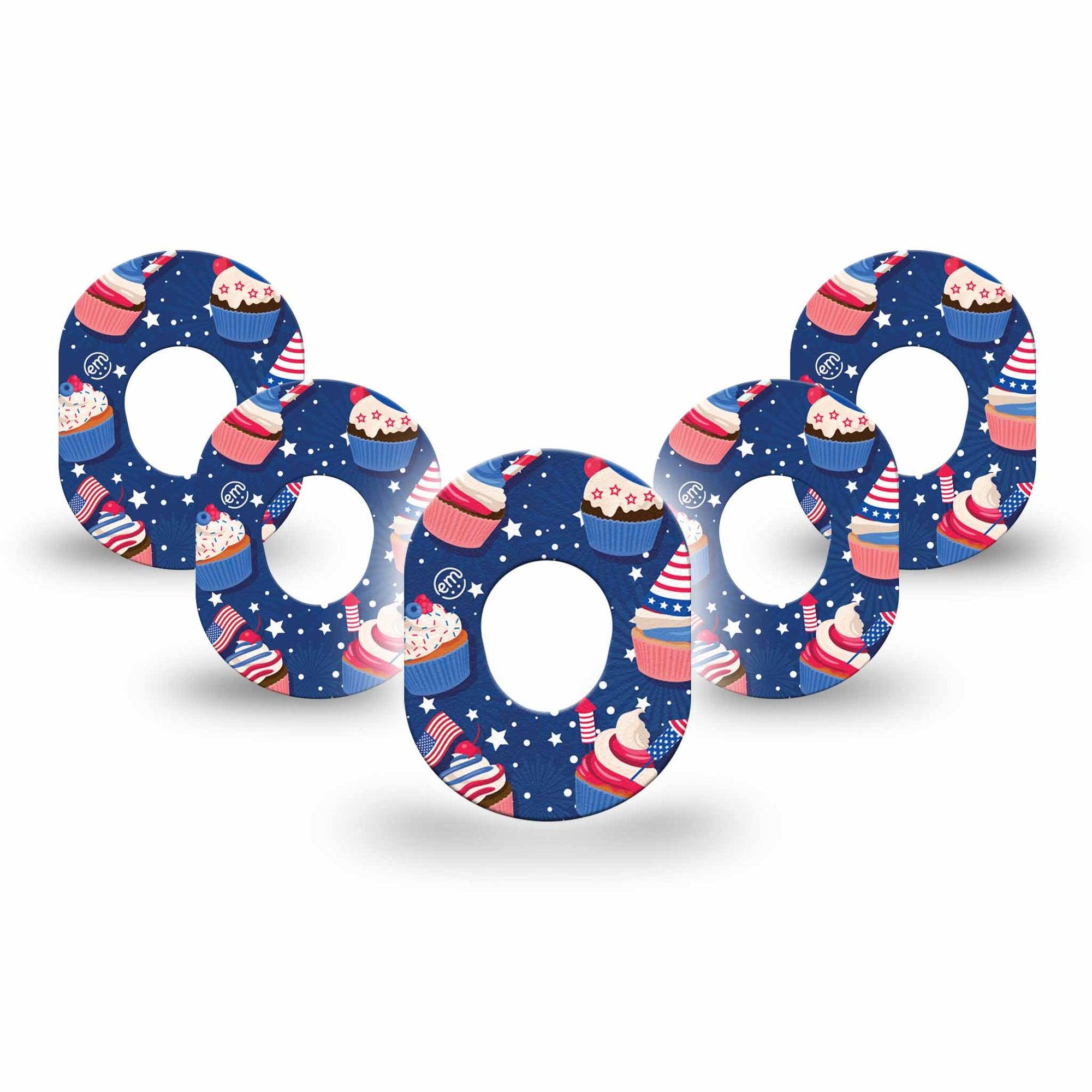 ExpressionMed Patriotic Cupcakes Dexcom G7 Mini Tape, Dexcom Stelo Glucose Biosensor System, 5-Pack Stars and Stripes Cupcakes Adhesive Tape Continuous Glucose Monitor Design