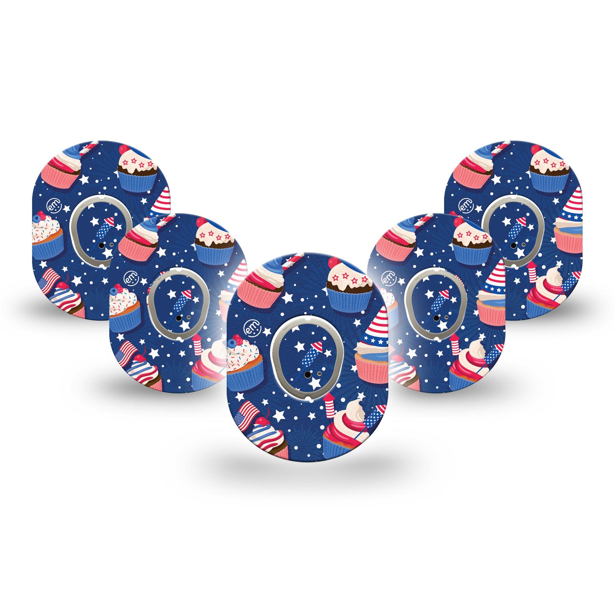 ExpressionMed Patrioitc Cupcakes Dexcom G7 Mini Tape, Dexcom Stelo Glucose Biosensor System, 5-Pack Tape and 5-Pack Sticker Independence Day Cupcakes Patch Continuous Glucose Monitor Design