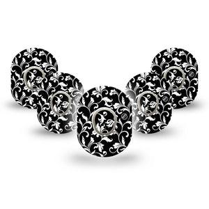 ExpressionMed Fleur de lis Dexcom G7 Mini, Dexcom Stelo Glucose Biosensor System,Tape 5-Pack Sticker and Tape Noir vine Patch Continuous Glucose Monitor Design