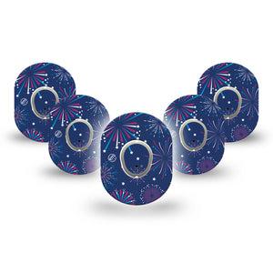 ExpressionMed Night Sky Celebration Dexcom G7 Mini Tape, Dexcom Stelo Glucose Biosensor System, 5-Pack Tape and 5-Pack Sticker Patriotic Firework Display Patch Continuous Glucose Monitor Design