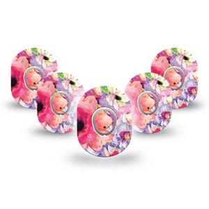 ExpressionMed Watercolor Red Flowers Dexcom G7 Mini Tape, Dexcom Stelo Glucose Biosensor System, 5-Pack Tape and 5-Pack Sticker Lively Pink Garden Patch Continuous Glucose Monitor Design