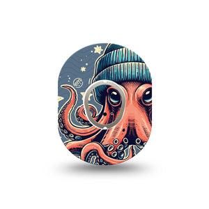 ExpressionMed Hipster Octopus Dexcom G7 Mini Tape, Dexcom Stelo Glucose Biosensor System,  Single Tape and Single Sticker Beanie Wearing Octopus Patch Continuous Glucose Monitor Design