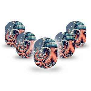 ExpressionMed Hipster Octopus Dexcom G7 Mini Tape, Dexcom Stelo Glucose Biosensor System,  5-Pack Tape and 5-Pack Sticker Beanie Wearing Octopus Patch Continuous Glucose Monitor Design