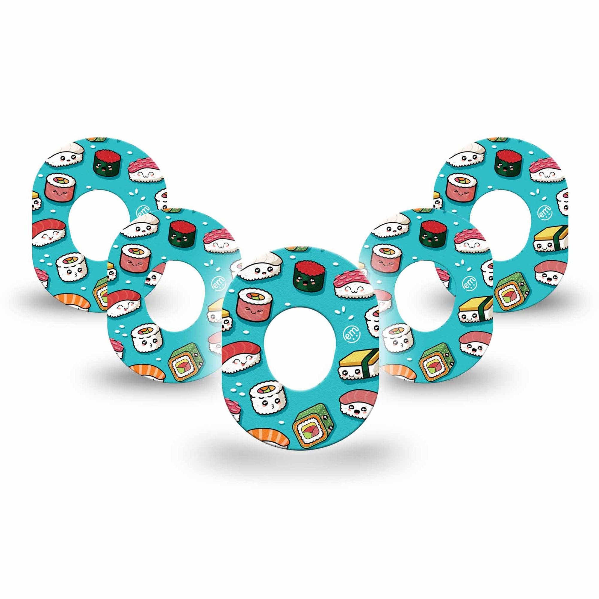 ExpressionMed Silly Sushi Dexcom G7 Mini Tape, Dexcom Stelo Glucose Biosensor System,  5-Pack Japanese Sushi Friends Patch Continuous Glucose Monitor Design