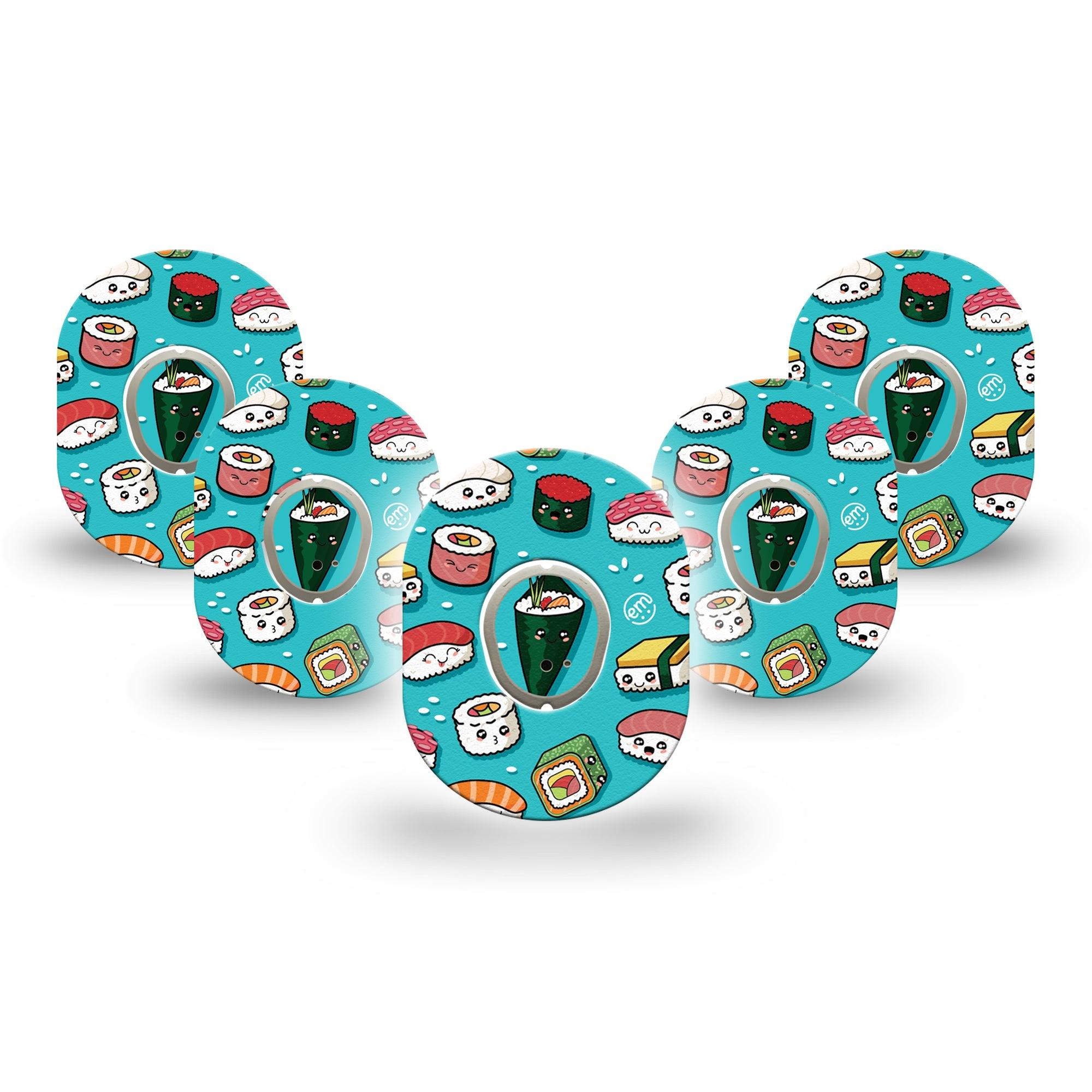 ExpressionMed Silly Sushi Dexcom G7 Mini Tape, Dexcom Stelo Glucose Biosensor System,  5-Pack Tape and 5-Pack Sticker Animated Sushi Rolls Patch Continuous Glucose Monitor Design