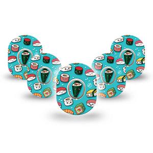 ExpressionMed Silly Sushi Dexcom G7 Mini Tape, Dexcom Stelo Glucose Biosensor System,  5-Pack Tape and 5-Pack Sticker Animated Sushi Rolls Patch Continuous Glucose Monitor Design