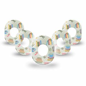 ExpressionMed Cozy Books Dexcom G7 Mini Tape, Dexcom Stelo Glucose Biosensor System, 5-Pack Coffee and Reading Time Adhesive Tape Continuous Glucose Monitor Design