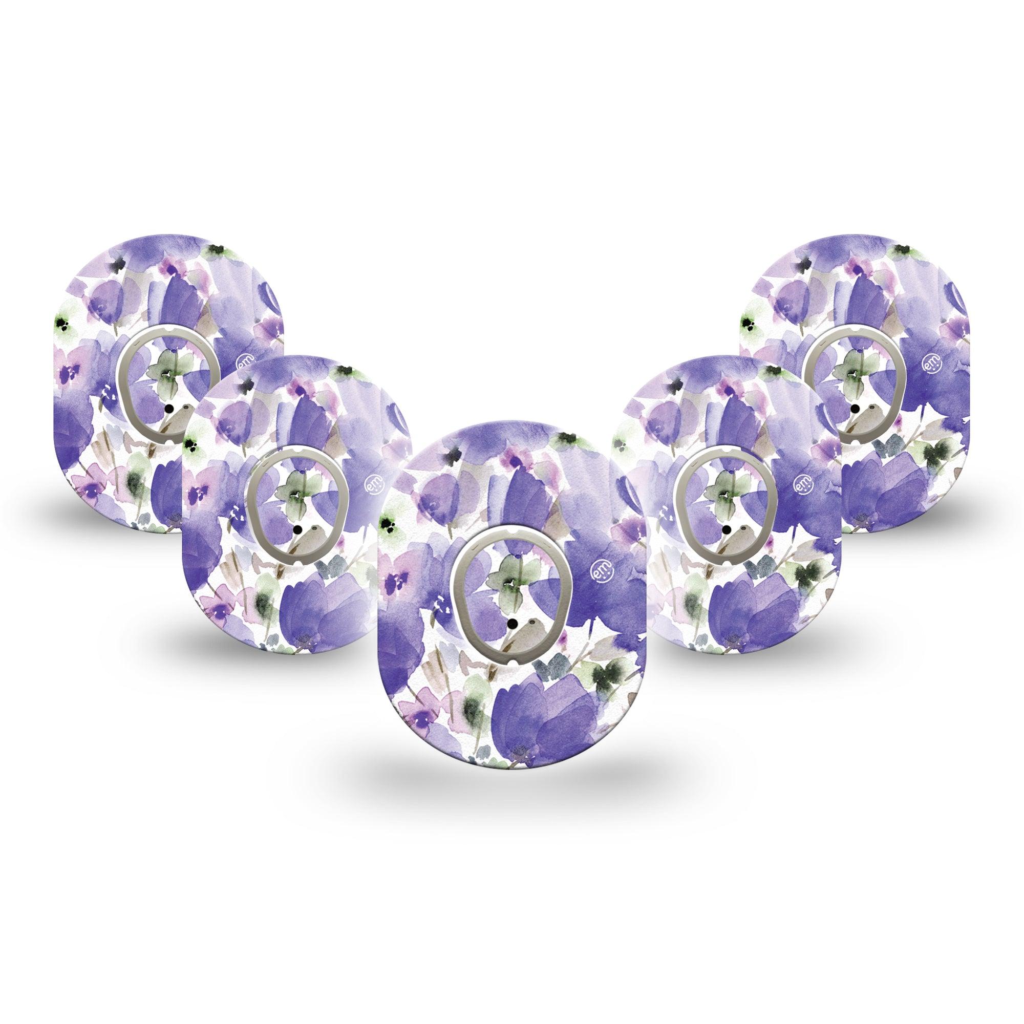 ExpressionMed Italian Blooms Dexcom G7 Mini Tape, Dexcom Stelo Glucose Biosensor System, 5-Pack Tape and 5-Pack Sticker Watercolor-Like Purple Flowers Patch Continuous Glucose Monitor Design